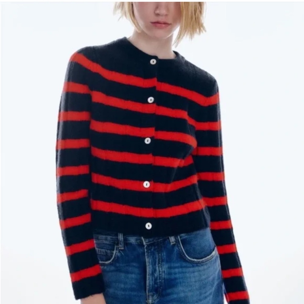 Zara long sleeve striped button down cardigan sweater in navy and red